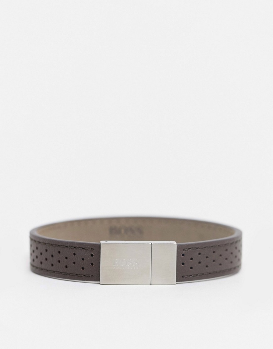 Hugo Boss brown leather bracelet with silver clasp