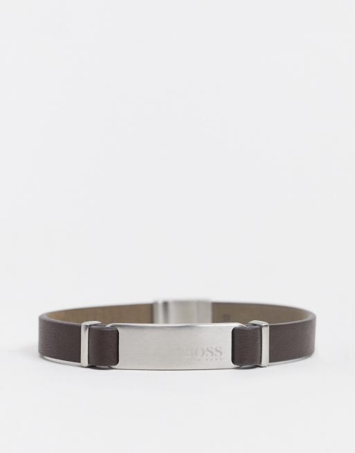 Hugo Boss brown leather bracelet with silver fastening and ID tag
