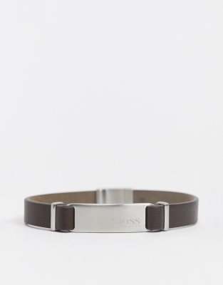 Hugo Boss - Bruine leren armband met zilveren sluiting en ID-label