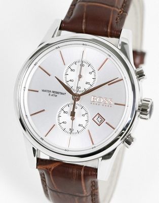 Hugo Boss chronograph watch with real leather strap in brown