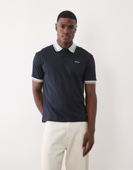 Hugo BOSS – Ciemnoniebieski luźny T-shirt z kołnierzykiem , 3 z 5