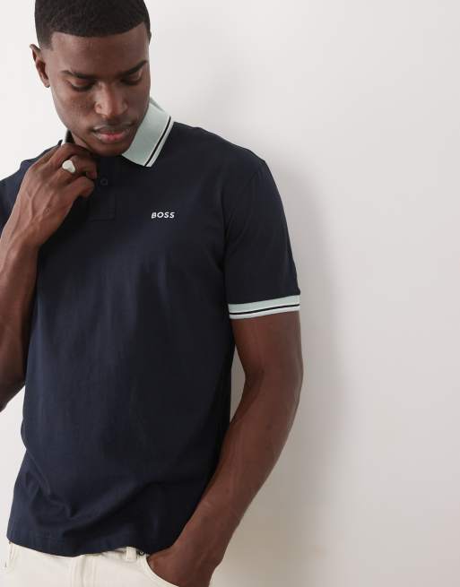 Hugo BOSS – Ciemnoniebieski luźny T-shirt z kołnierzykiem , 5 z 5