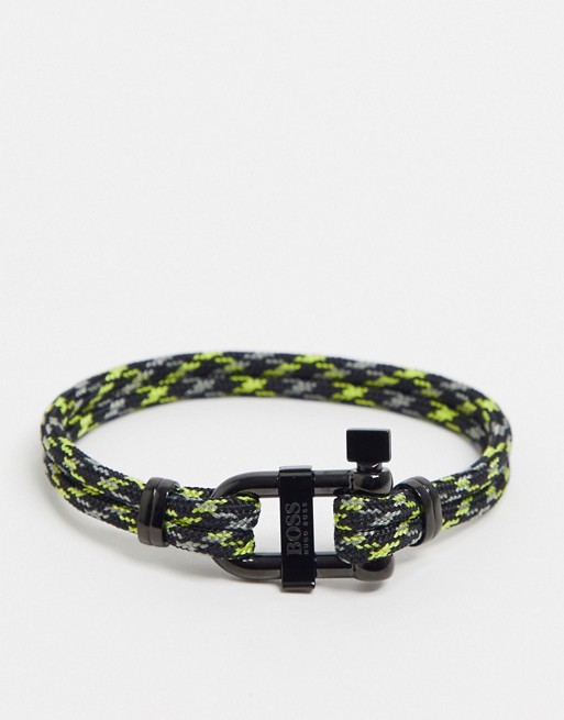 Hugo Boss cord bracelet in black and green with metal fastening