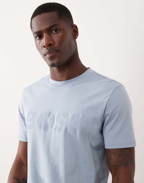 Hugo Boss cotton jersey t-shirt with logo print in mid blue - view 1