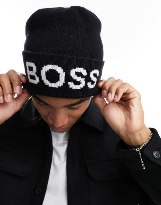 Hugo BOSS – Czarna czapka beanie z dużym logo