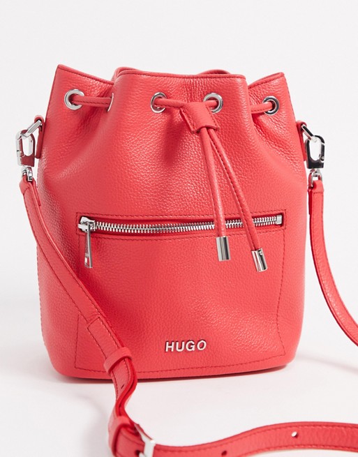 Hugo Boss drawstring bucket bag in leather in bright red