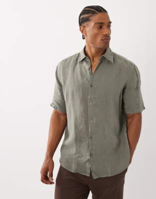 HUGO BOSS - Kurzärmliges Regular-Fit-Hemd aus Leinen in Grau mit Knopfleiste Grau S