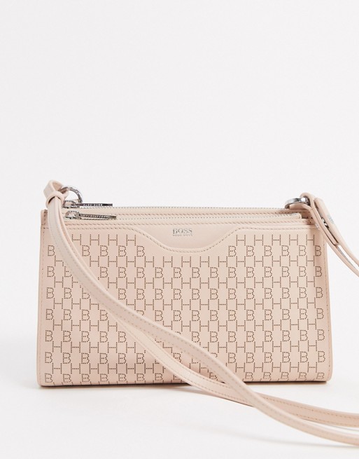Hugo Boss leather mini bag with lasered monograms in light beige