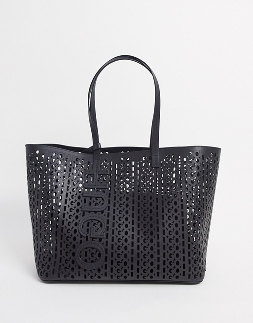 Hugo Boss leather shopper bag with laser-cut logo in black