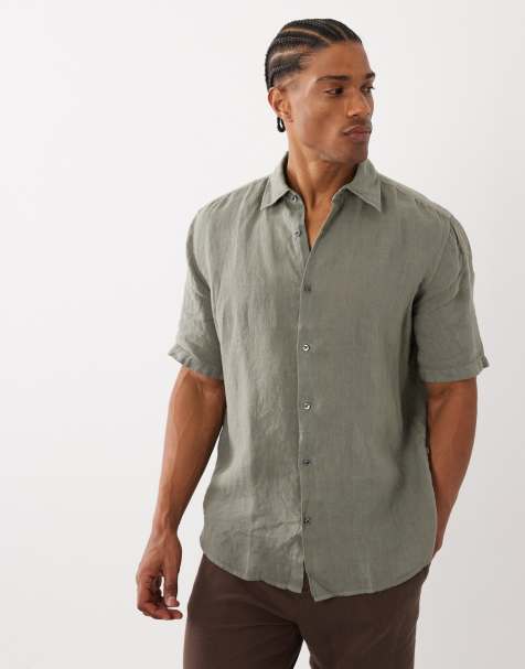 HUGO BOSS regular fit linen-look short sleeve button-up shirt in grey - view 1