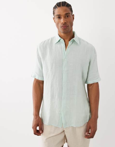 HUGO BOSS regular fit linen-look short sleeve button-up shirt in turquoise - view 1