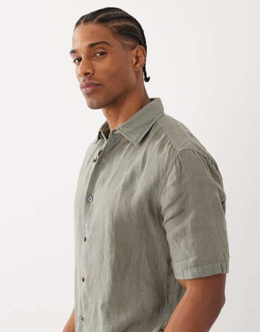 Hugo Boss regular fit linen short sleeve button up shirt in grey, 4 of 5