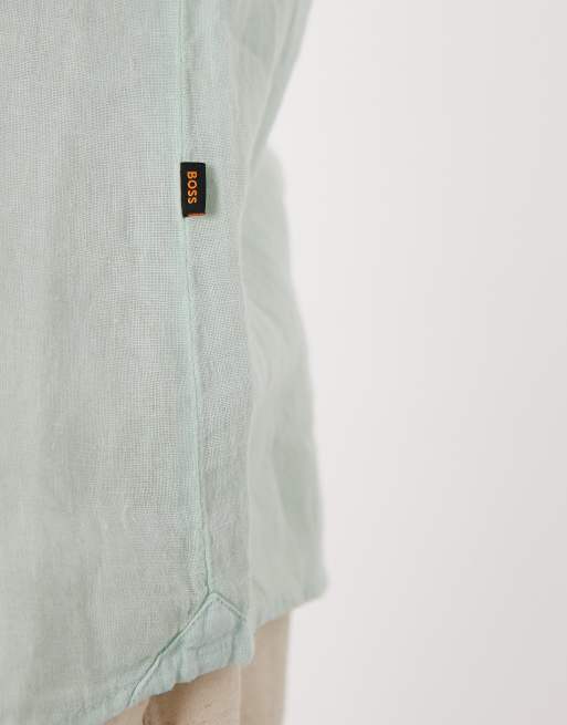 Hugo Boss regular fit linen short sleeve button up shirt in turquoise, 3 of 5