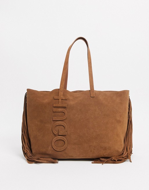 Hugo Boss suede shopper bag with tassel detailing in rust
