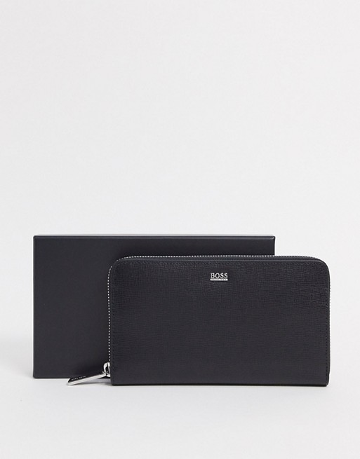Hugo Boss zip-around wallet in saffiano leather in black