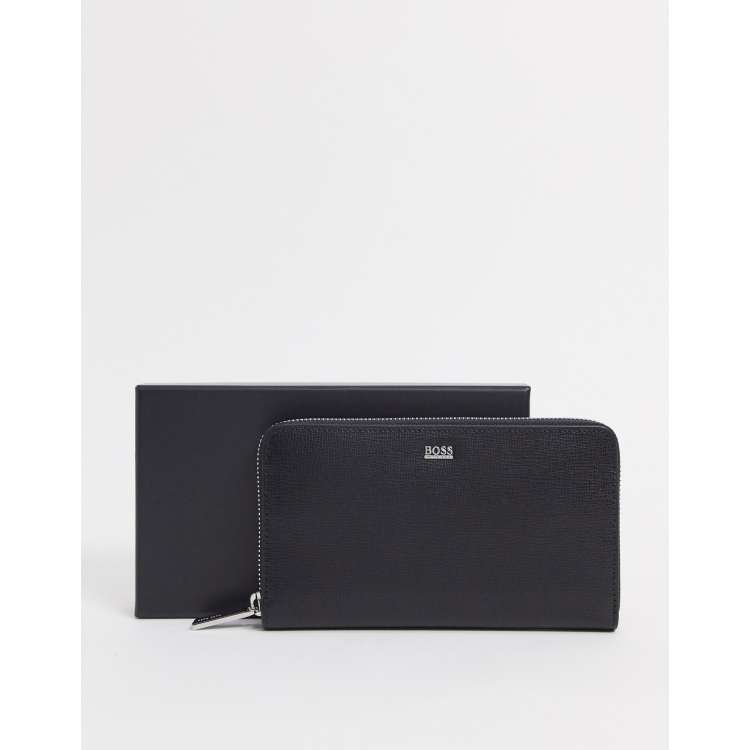 Hugo Boss zip around wallet in saffiano leather in black ASOS