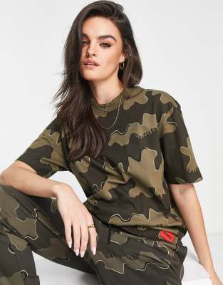 HUGO boyfriend fit camo print t-shirt in khaki