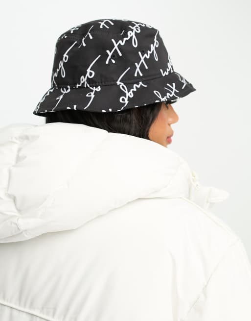 HUGO bucket hat in black with all over script logo | ASOS
