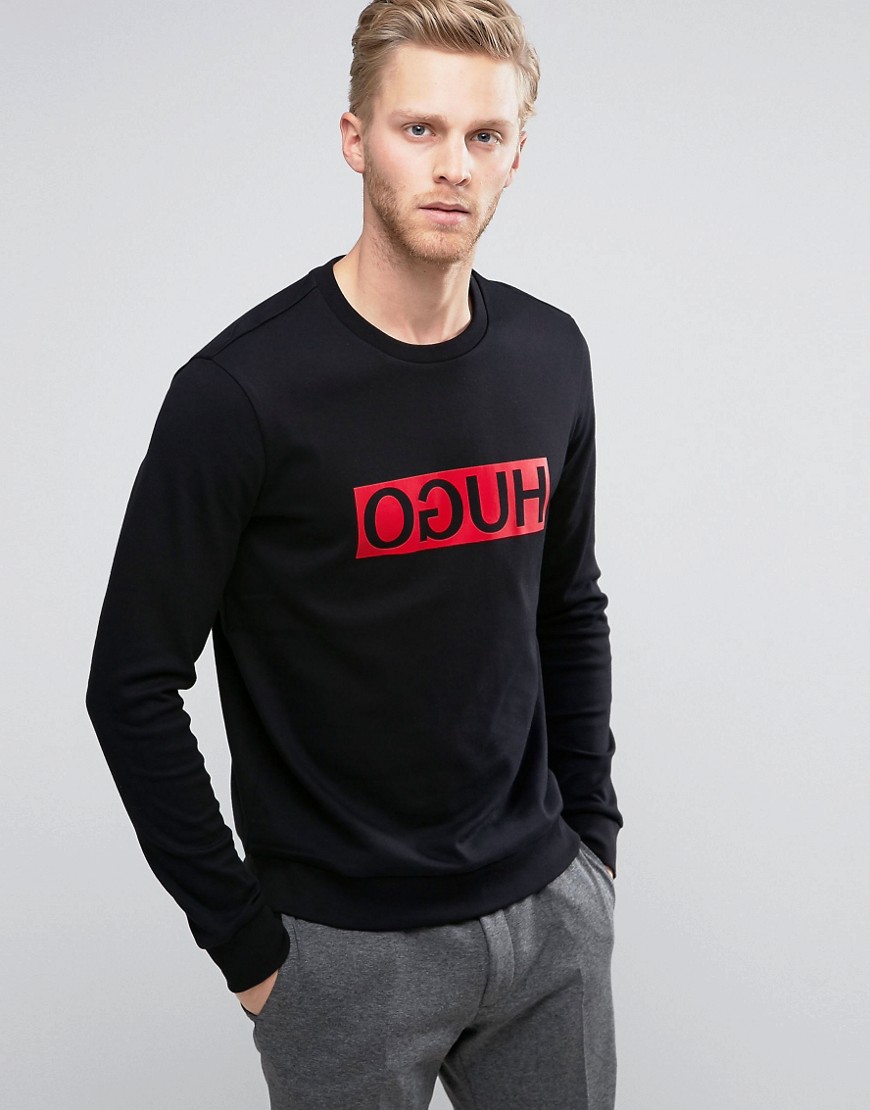 HUGO - by HUGO BOSS - Dicago - Sweater met ronde hals en omgekeerd logo in zwart