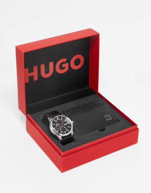 Hugo Coffret cadeau pour homme avec montre et porte cartes en cuir Noir 1570139