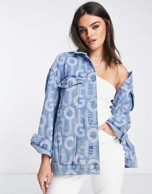 HUGO cotton all over logo print denim jacket in blue