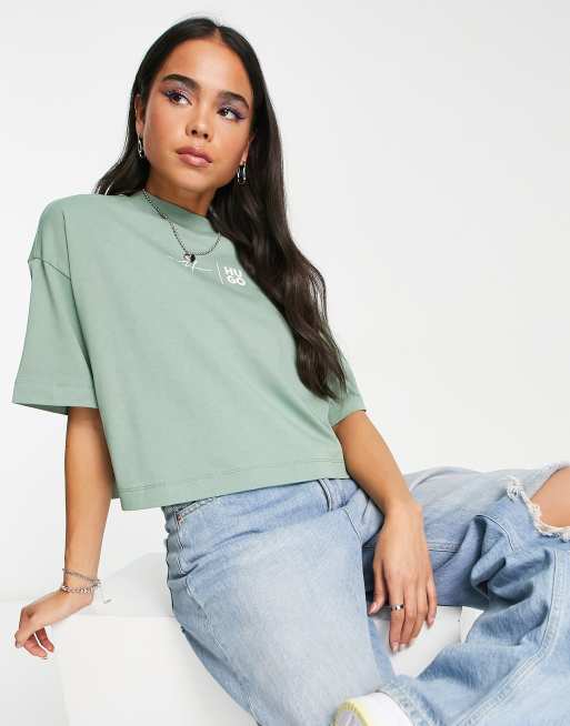 HUGO cotton logo printed tee in sage green
