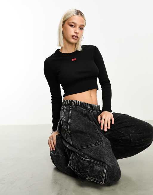 HUGO - Dafilomena - Crop top met lange mouwen en logo in zwart 