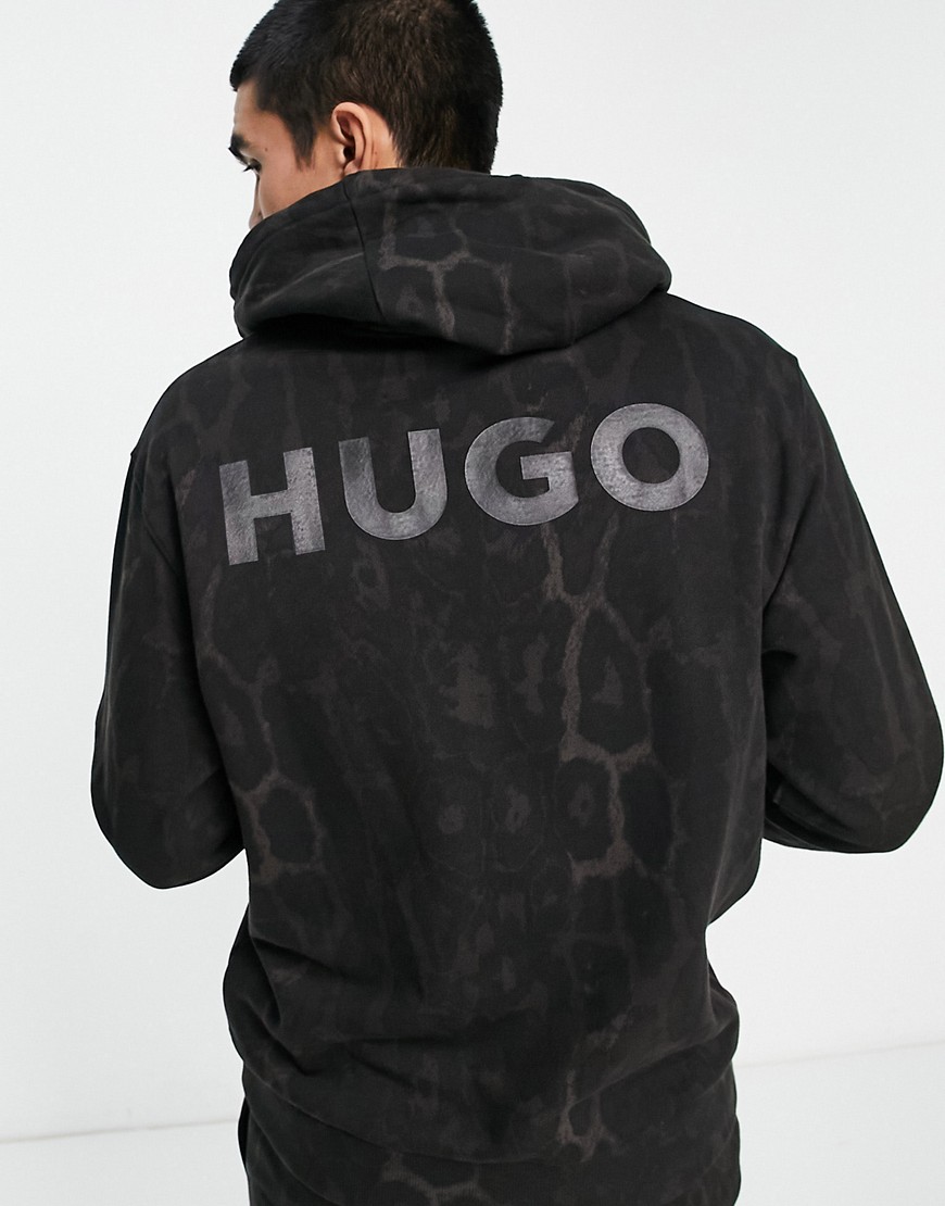HUGO Daglion relaxed fit hoodie in black with all over animal print with back logo
