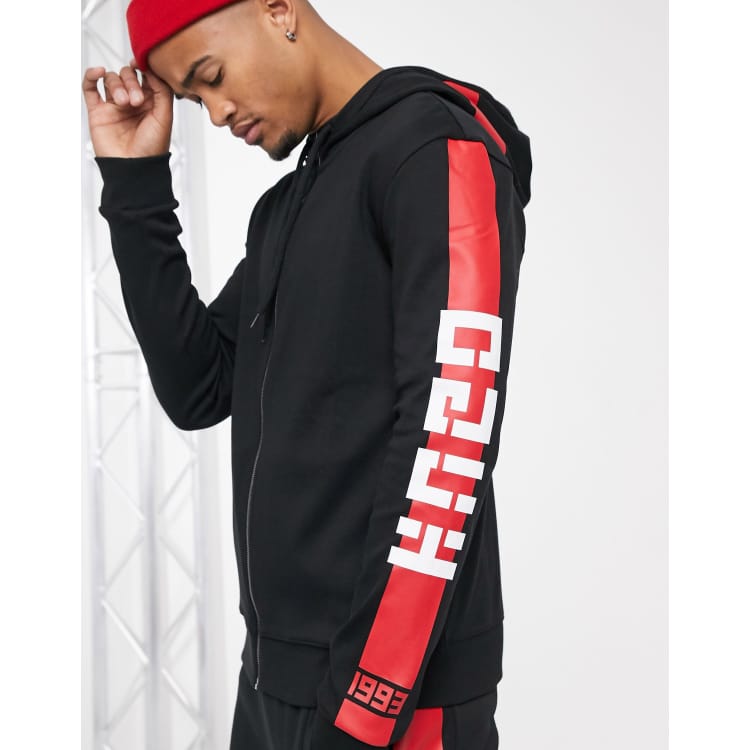 HUGO Dalz sleeve taped logo full zip hoodie in black ASOS