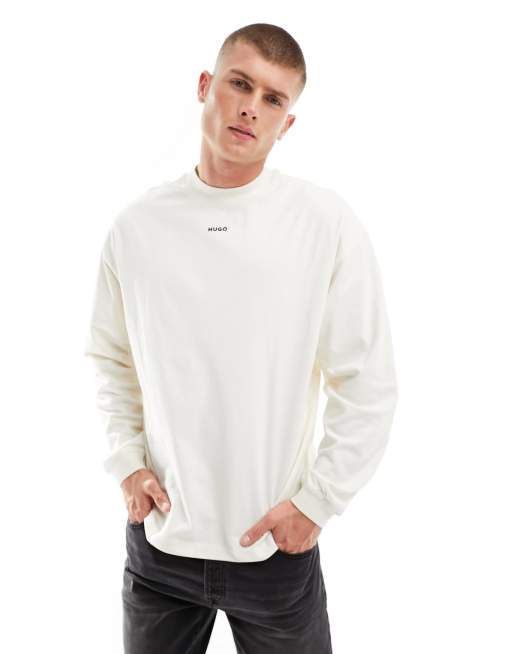 HUGO – Daposo – Biały T-shirt o luźnym fasonie z długimi rękawami i logo 