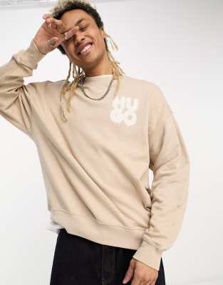 HUGO Daraz logo oversized sweatshirt in light beige - ASOS Price Checker