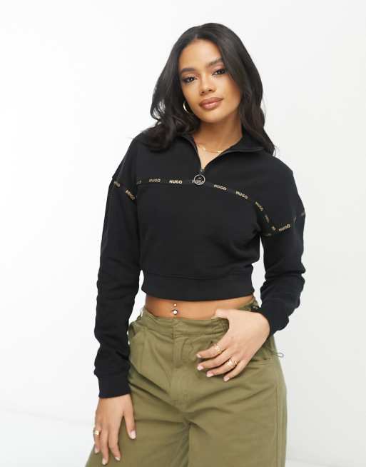 HUGO Darini 1/4 cropped sweatshirt in black with taped logo