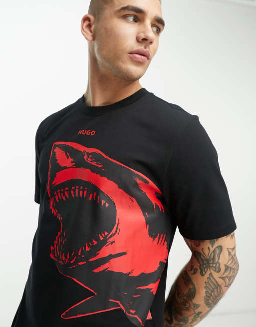HUGO - Darmolejo - Sort T-shirt med hajprint i regular fit