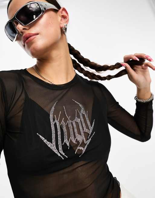 HUGO Darocka mesh long sleeve top in black