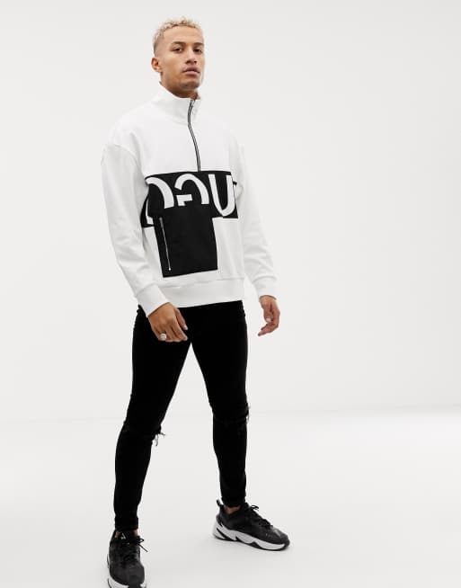 HUGO Darrius half zip logo sweat in white ASOS