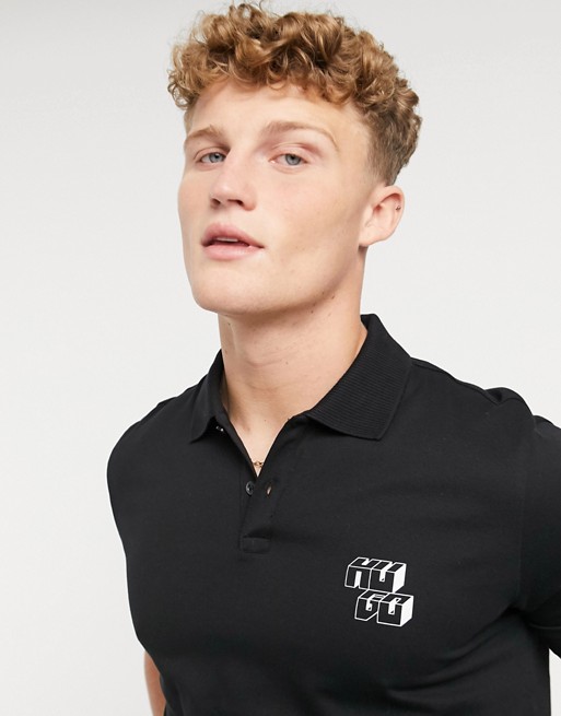 HUGO Delion pique cotton polo shirt with reflective cubistic logo in black