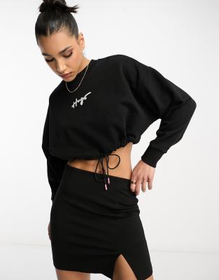 HUGO Delive cropped sweatshirt in black with drawstring detail