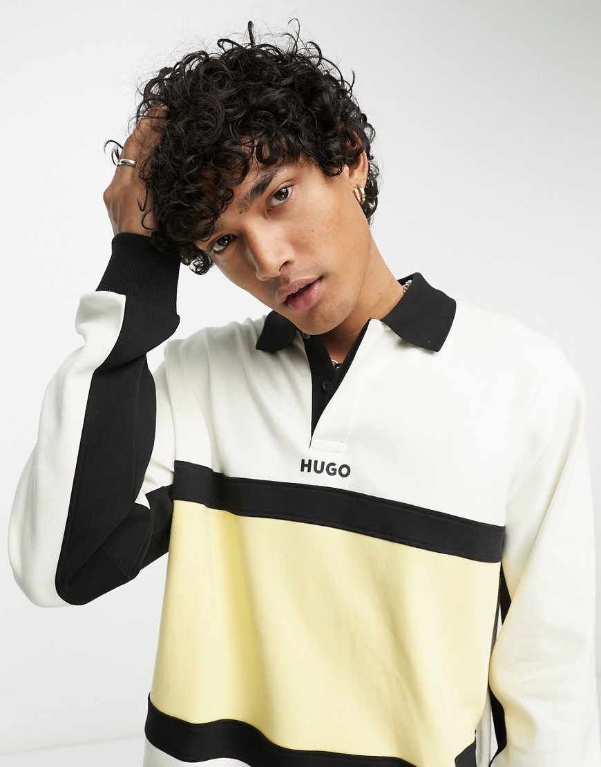 HUGO Denero colour block long sleeve polo shirt in off white and yellow