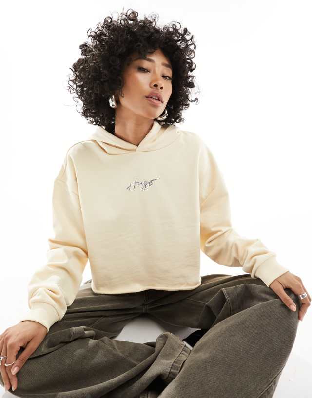 Hugo Red - HUGO Dephana_1 crop logo hoodie in cream