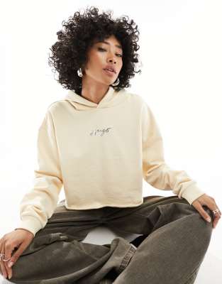 HUGO - Dephana_1 - Kurz geschnittener Kapuzenpullover in Creme mit Logo-Weiß