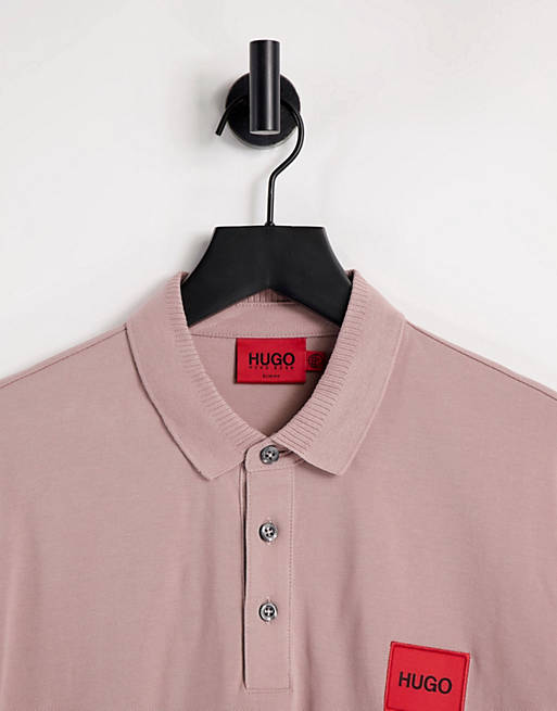 Men HUGO Dereso212 slim fit contrast box logo polo in light pink 