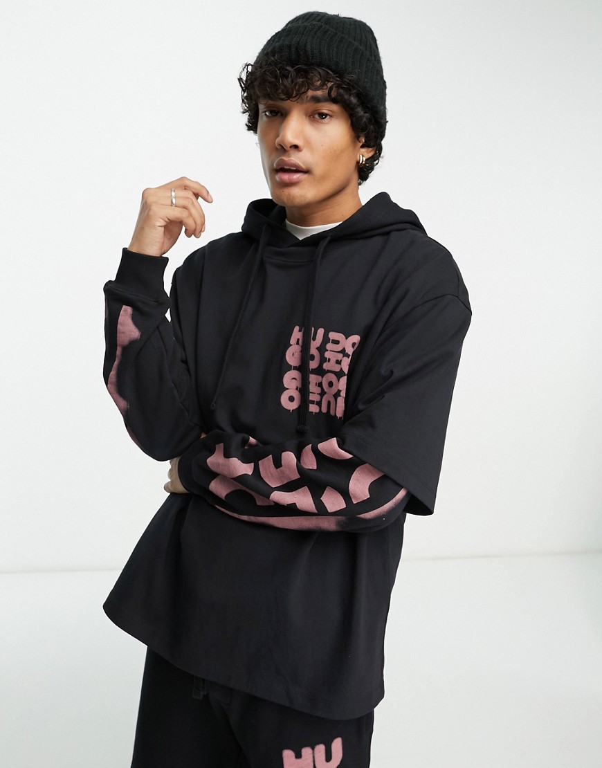 HUGO Devado oversized overlay hoodie in black with logo arms