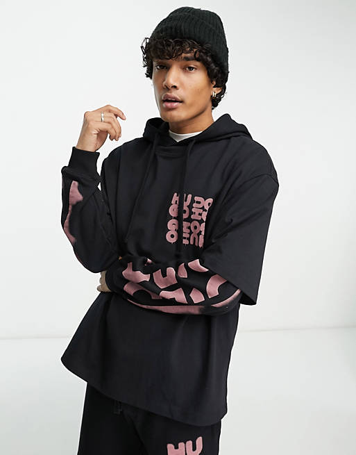 HUGO Devado oversized overlay hoodie in black with logo arms | ASOS
