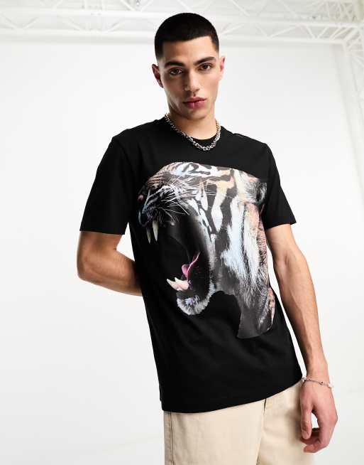 HUGO - Digre - Sort T-shirt tigergrafik foran