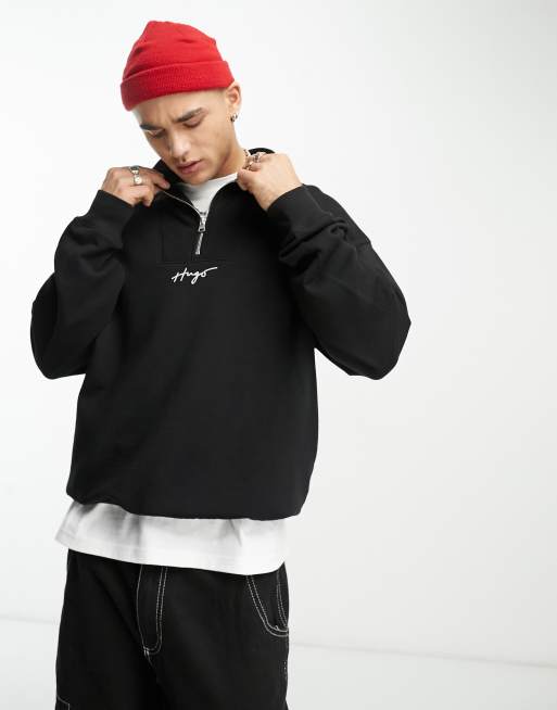 HUGO – Dogota – Svart, avslappnad sweatshirt med skriftlogga och 1/4-lång dragkedja
