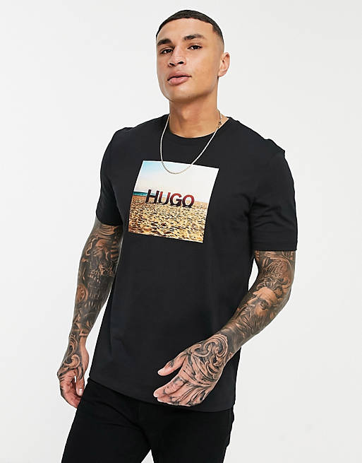 HUGO Doldplay beach logo t-shirt in black