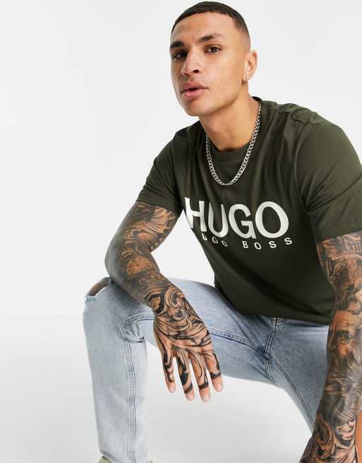 HUGO - Dolive - T-shirt met groot logo in donkergroen