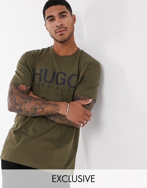 HUGO Dolive204 large contrast logo t-shirt in khaki Exclusive at ASOS