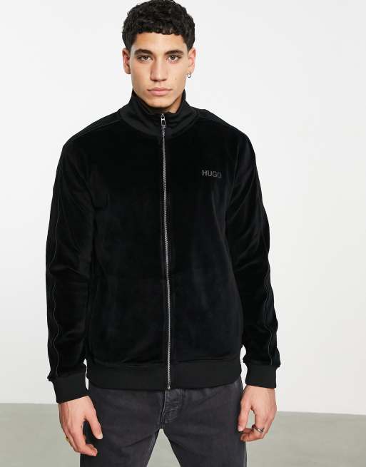 Hugo dolme velour funnel neck track jacket in black | ASOS