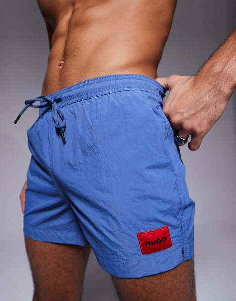 HUGO – Dominica – Blå badshorts med röd märkeslogga - view 1